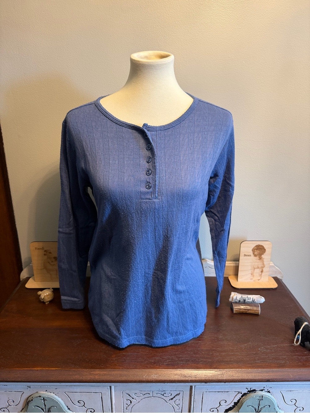 Women's Long Sleeve Ribbed Henley Top - Blue